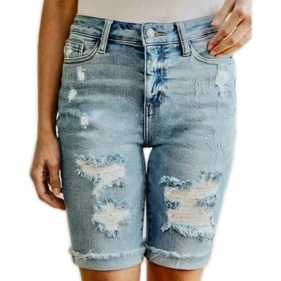 JUDY BLUE Llight Blue High Waist Stretch Denim Short Distressed Women's Medium - Picture 1 of 7